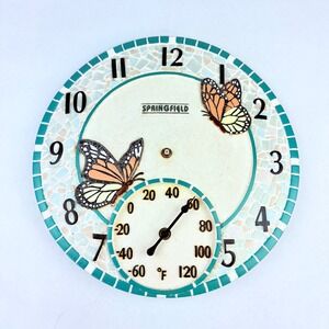 Springfield Butterfly Mosaic Wall Clock and Thermometer Teal White Garden Decor